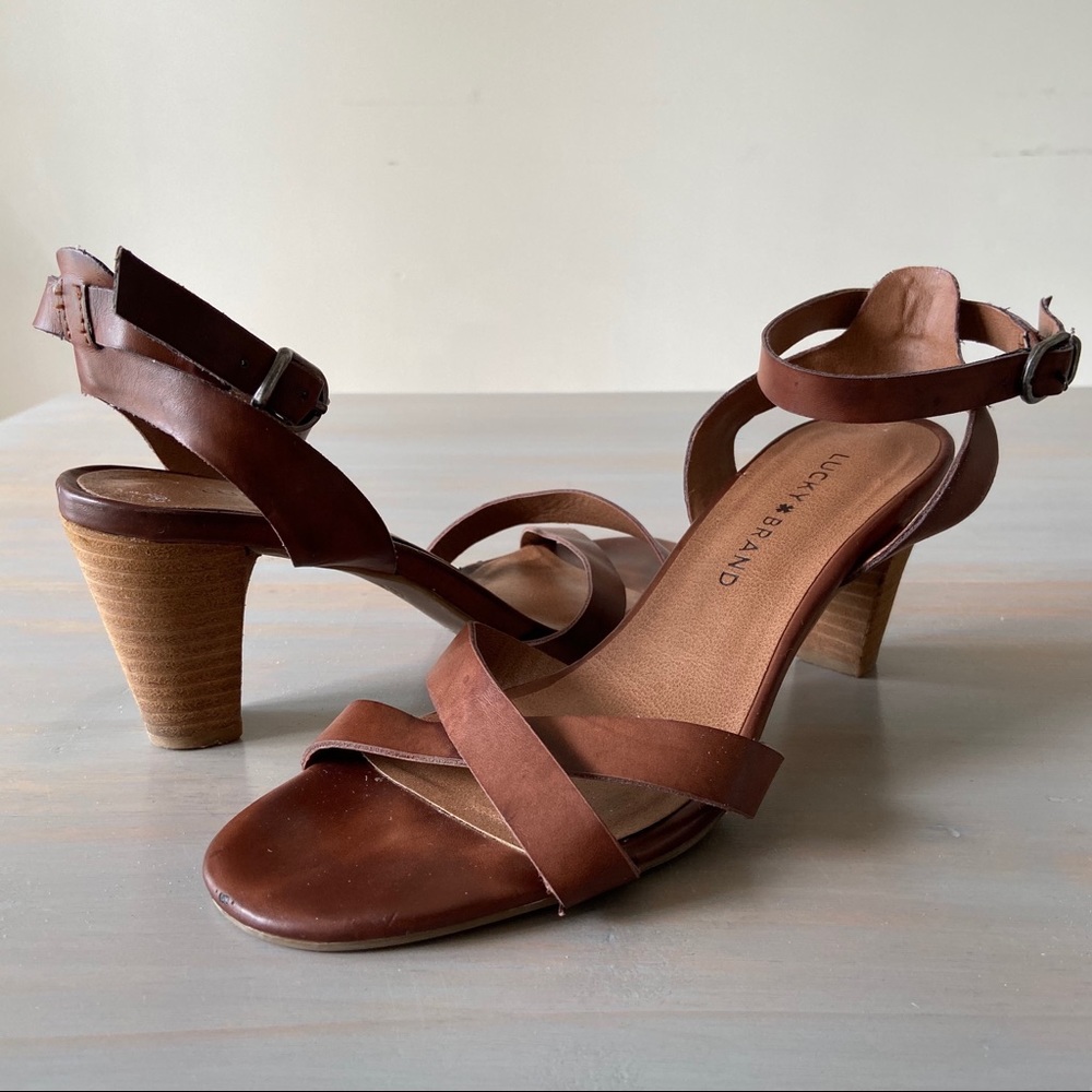 Lucky Brand Brown Faux Leather Stacked Heel Sandal